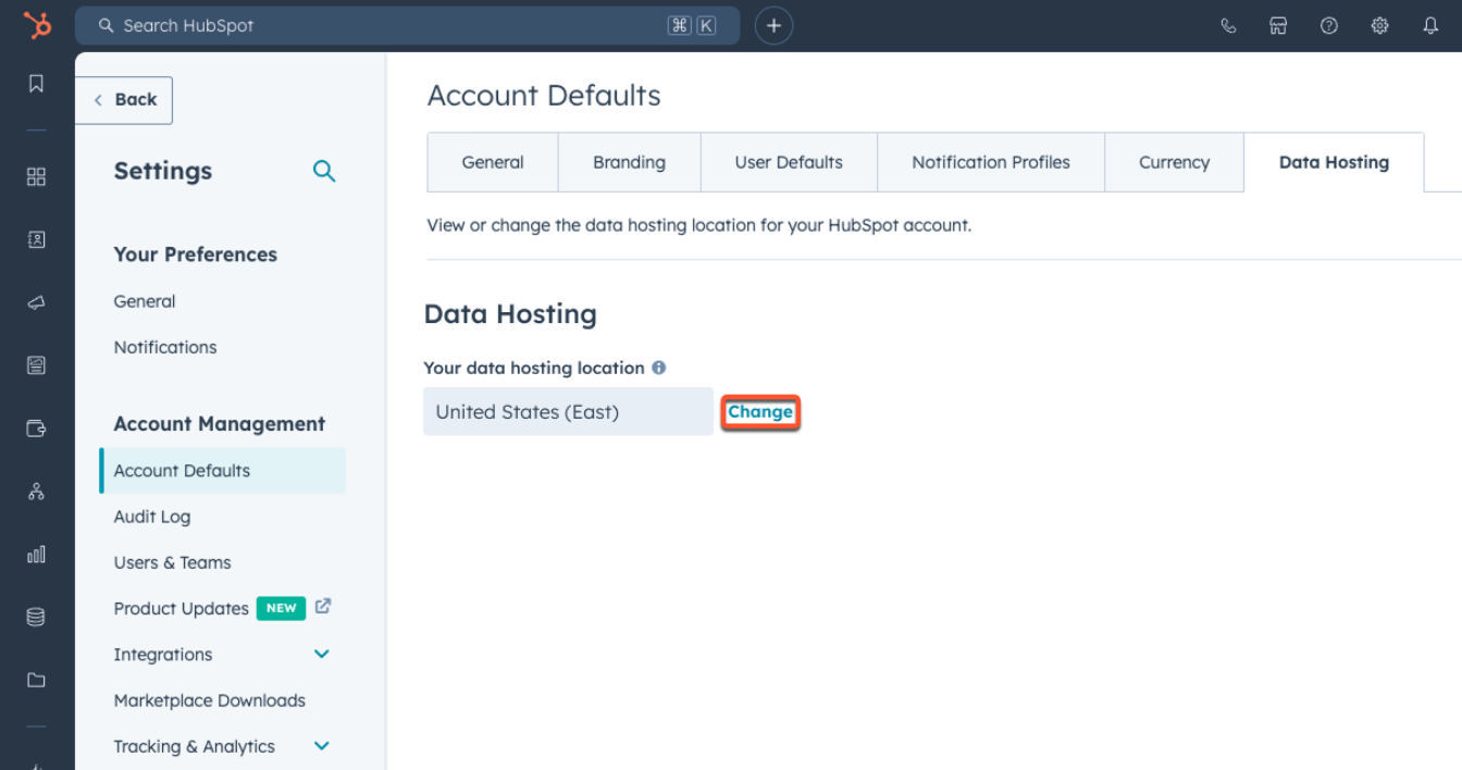 Account Default Settings with Data Hosting Options in HubSpot