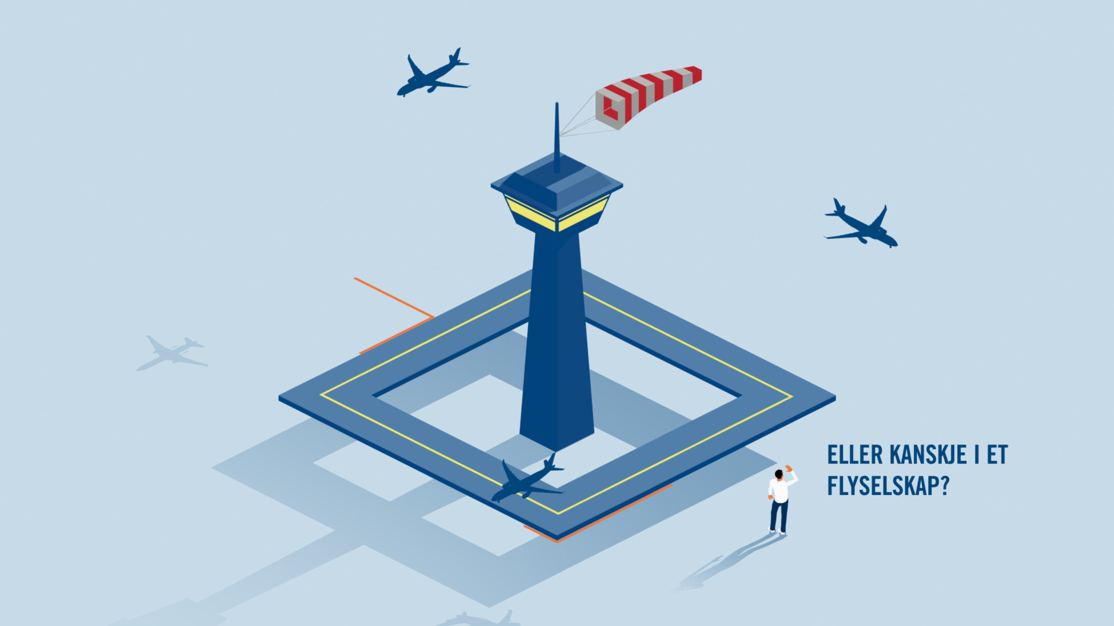 Illustrasjon av rullebane med fly og kontrolltårn