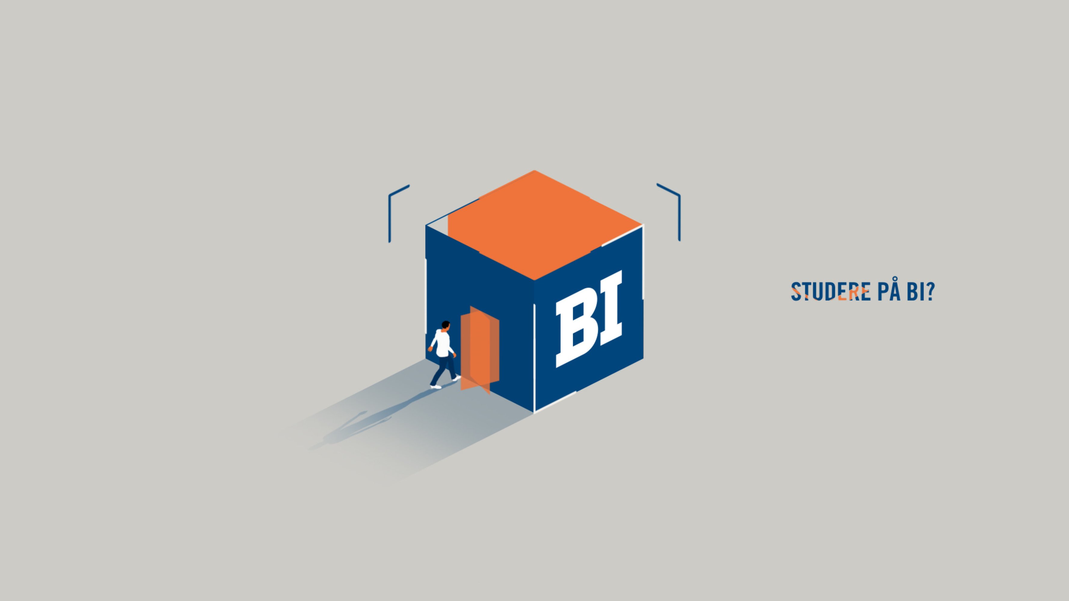 Illustrasjon av BI logo på hus men mann som går inn døren