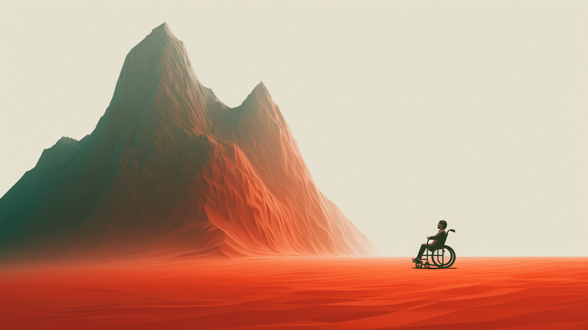 Bilde av person i rullestol omringet av et fjell i TRY sine farger